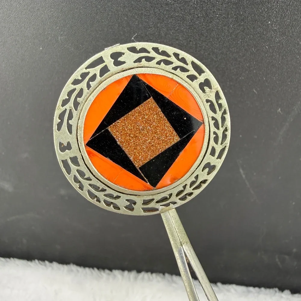 Vintage Hair Pin Silver Orange Geometric Goldstone Inlay Women